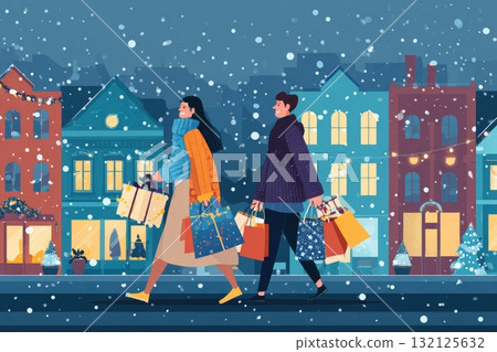 Two shoppers walking through a snowy street with colorful buildings and festive decorations 132125632