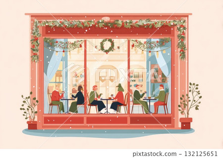 Cozy winter cafe scene with diverse patrons enjoying warm drinks and festive decorations Cozy winter cafe scene with diverse patrons enjoying warm drinks and festive decorations 132125651