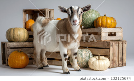 Cute goat standing among colorful pumpkins and wooden crates in rustic autumn-themed setting Cute goat standing among colorful pumpkins and wooden crates in rustic autumn-themed setting 132125674