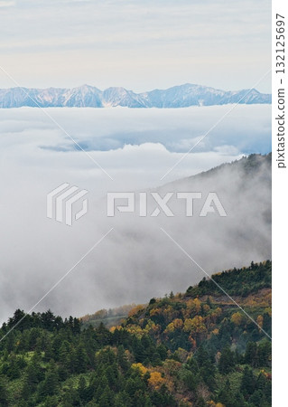 A sea of clouds stretches from the autumn leaves of Shiga Kogen to the Northern Alps A sea of clouds stretches from the autumn leaves of Shiga Kogen to the Northern Alps 132125697