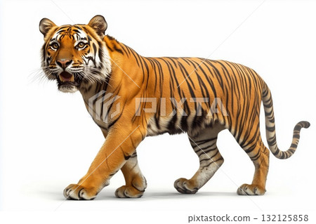 A majestic tiger walking confidently across a white background in a serene moment captured 132125858