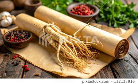Ginseng roots and dried herbs placed beside an ancient paper scroll on rustic wooden table, symbolizing traditional Chinese medicine, natural healing, and holistic wellness through herbal knowledge 132125916