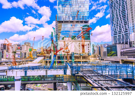 Two bees in the Tokyo cityscape in Japan... Huge heavy machinery such as crawler cranes lined up... Steel beams on the left as well = Shibuya, 17th 132125997