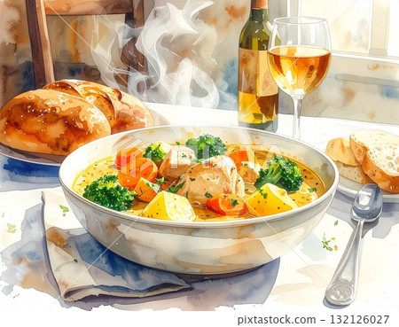 A warm watercolor illustration of a winter dinner featuring a table with steaming stew, bread and wine 132126027