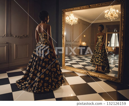 Woman Looking in the Mirror, Reflection, Beauty, and Self-Image Concept 132126159