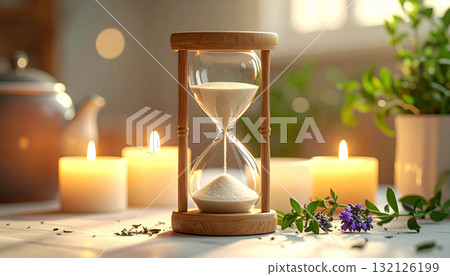 Hourglass surrounded by glowing candles, dried herbs, and flowers on a wooden surface, symbolizing mindfulness, the passage of time, balance, and inner peace in a warm ambient light setting 132126199