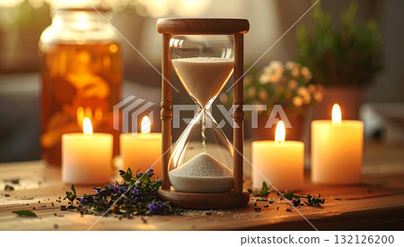 Hourglass surrounded by glowing candles, dried herbs, and flowers on a wooden surface, symbolizing mindfulness, the passage of time, balance, and inner peace in a warm ambient light setting 132126200