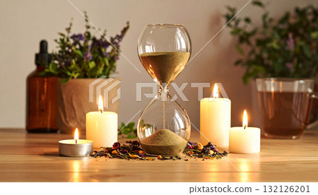 Hourglass surrounded by glowing candles, dried herbs, and flowers on a wooden surface, symbolizing mindfulness, the passage of time, balance, and inner peace in a warm ambient light setting 132126201
