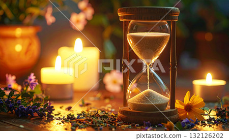 Hourglass surrounded by glowing candles, dried herbs, and flowers on a wooden surface, symbolizing mindfulness, the passage of time, balance, and inner peace in a warm ambient light setting 132126202