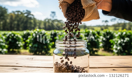 Close up of hand pouring roasted coffee beans from burlap sack into glass jar on coffee farm 132126271