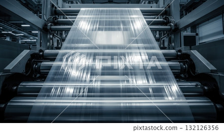 Automated production of transparent plastic film on an industrial machine in a factory 132126356