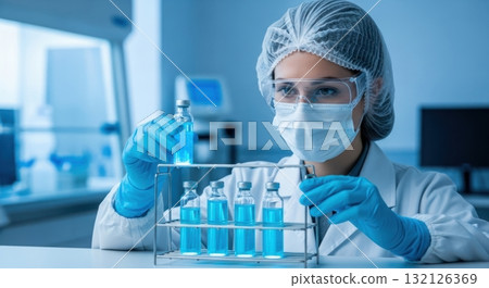 Female scientist in a sterile laboratory examining vials with blue liquid for medical research Female scientist in a sterile laboratory examining vials with blue liquid for medical research 132126369