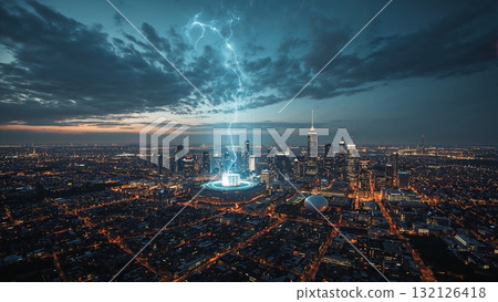 Wide-angle illustration of a futuristic city skyline powered by a large fusion reactor, visible plasma glow in reactor core 132126418