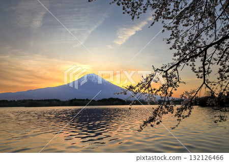 Spring dawn over Lake Tanuki, Fujinomiya City, Shizuoka Prefecture 132126466