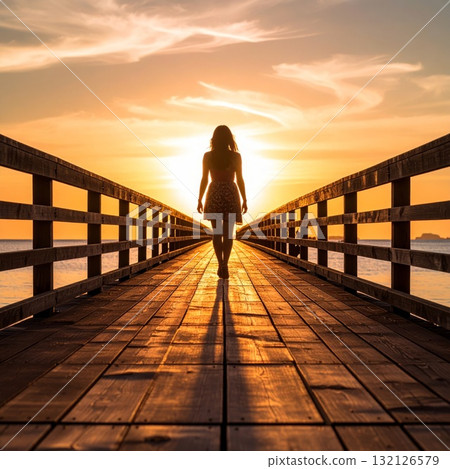 Woman walking alone on a long bridge or road symbolizing loneliness and meditation Woman walking alone on a long bridge or road symbolizing loneliness and meditation 132126579