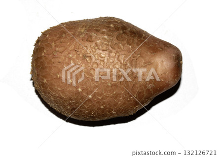 Potato grown in the garden with flaky skin scab fungus natural on white background 132126721