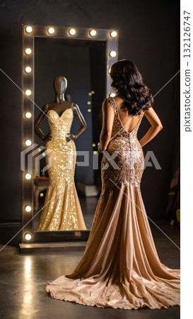 Woman in evening dress looking at her strange reflection in an old mirror horror or thriller scene concept Woman in evening dress looking at her strange reflection in an old mirror horror or thriller scene concept 132126747