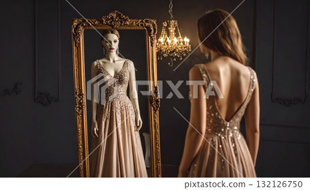 Woman in evening dress looking at her strange reflection in an old mirror horror or thriller scene concept 132126750