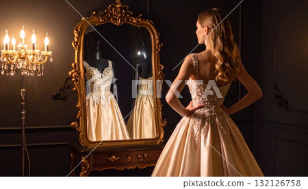 Woman in evening dress looking at her strange reflection in an old mirror horror or thriller scene concept Woman in evening dress looking at her strange reflection in an old mirror horror or thriller scene concept 132126758