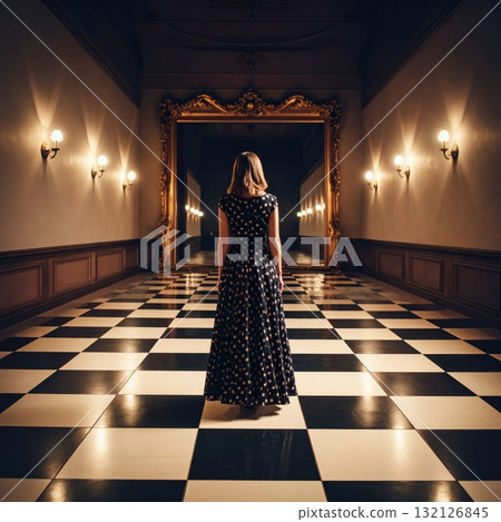 Woman in an evening dress standing on a checkered floor and looking into a mirror with a strange reflexion, conceptual horror scene Woman in an evening dress standing on a checkered floor and looking into a mirror with a strange reflexion, conceptual horror scene 132126845