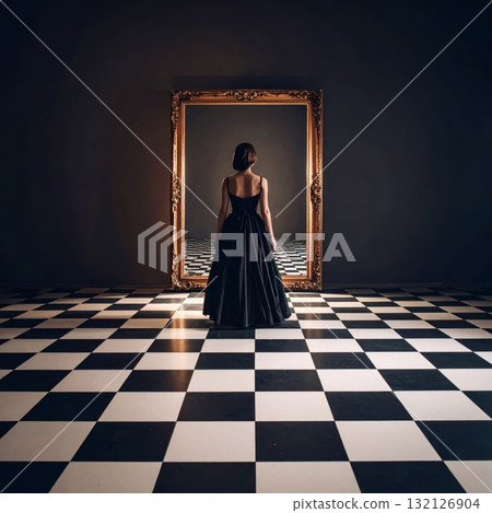 Woman in an evening dress standing on a checkered floor and looking into a mirror with a strange reflexion, conceptual horror scene 132126904