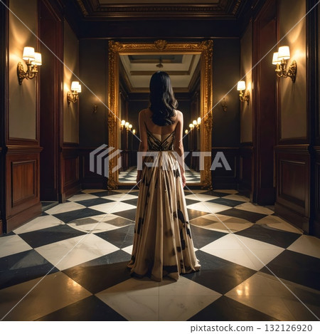 Woman in an evening dress standing on a checkered floor and looking into a mirror with a strange reflexion, conceptual horror scene Woman in an evening dress standing on a checkered floor and looking into a mirror with a strange reflexion, conceptual horror scene 132126920