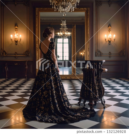 Woman in an evening dress standing on a checkered floor and looking into a mirror with a strange reflexion, conceptual horror scene Woman in an evening dress standing on a checkered floor and looking into a mirror with a strange reflexion, conceptual horror scene 132126928