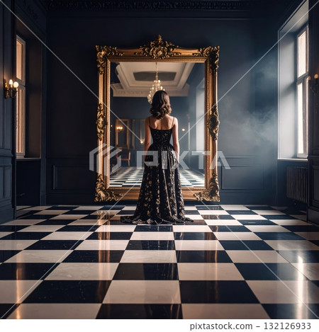 Woman in an evening dress standing on a checkered floor and looking into a mirror with a strange reflexion, conceptual horror scene Woman in an evening dress standing on a checkered floor and looking into a mirror with a strange reflexion, conceptual horror scene 132126933