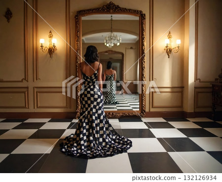 Woman in an evening dress standing on a checkered floor and looking into a mirror with a strange reflexion, conceptual horror scene Woman in an evening dress standing on a checkered floor and looking into a mirror with a strange reflexion, conceptual horror scene 132126934