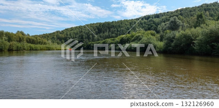 Scenic River Landscape with Lush Greenery Under a Blue Sky, Perfect for Outdoor Adventures 132126960