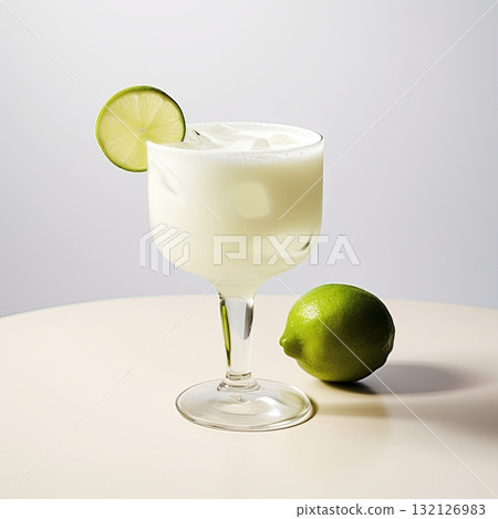 Refreshing Margarita Cocktail with Lime Slice on a Light Background, Perfect for Summer 132126983