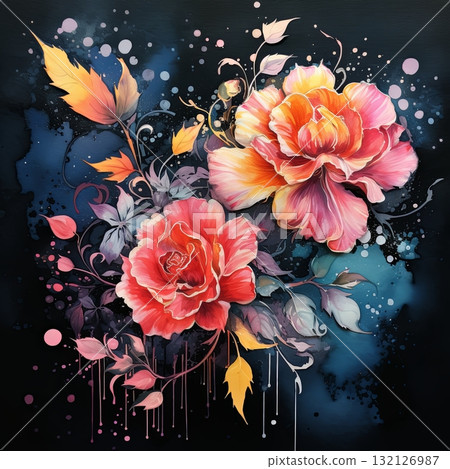 Vibrant Watercolor Floral Arrangement Roses and Leaves on a Dark, Artistic Backdrop 132126987