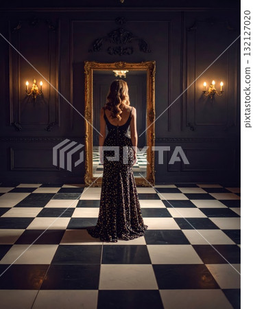 Woman in an evening dress standing on a checkered floor and looking into a mirror with a strange reflexion, conceptual horror scene Woman in an evening dress standing on a checkered floor and looking into a mirror with a strange reflexion, conceptual horror scene 132127020