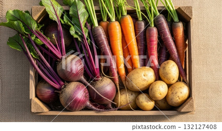 Freshly harvested organic root vegetables in a rustic wooden crate, top view Freshly harvested organic root vegetables in a rustic wooden crate, top view 132127408