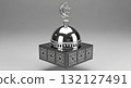 Elegant miniature mosque architecture model trophy with shiny dome and islamic crescent star 132127491