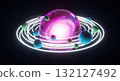 Vibrant 3D miniature galaxy model with glowing pink purple nebula core and orbiting spheres 132127492