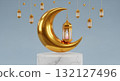 Majestic golden crescent moon with an ornate lantern and hanging stars on a marble pedestal. 132127496