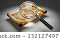 Magnifying glass examining an ancient unrolled treasure map with intricate details 132127497