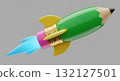 Dynamic green pencil rocket taking off with bright yellow fins and a powerful blue flame 132127501