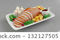Festive platter of tender sliced roasted turkey with golden potatoes, green beans, gravy, and candles 132127505