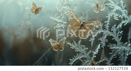 Glistening Frost on a Windowpane with Intricate Ice Patterns Creating a Magical Winter Background 132127539