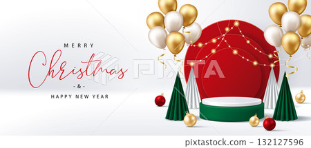 3D聖誕樹、氣球、背板、串燈、裝飾品和圓形商品展示平台，聖誕節橫幅廣告海報宣傳單素材圖片 132127596