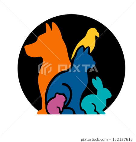 Veterinary clinic logo featuring pet silhouettes. Hand drawn. Not AI, vector illustration. Veterinary clinic logo featuring pet silhouettes. Hand drawn. Not AI, vector illustration. 132127613