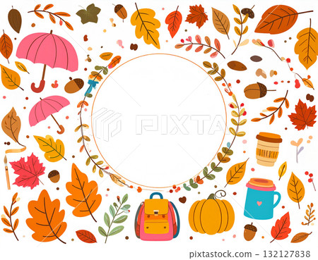 A lovely autumn frame surrounded by warm-colored autumn leaves and fallen leaves 132127838