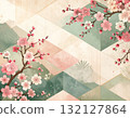 具有日本紙紋理的櫻花和綠色背景材料 1 132127864