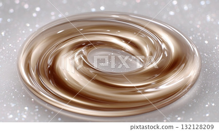 Swirling golden liquid creates mesmerizing vortex shape on a shiny background 132128209