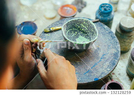 Hand Painting Ceramic Pot in Art Workshop Hand Painting Ceramic Pot in Art Workshop 132128259