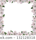 Square frame with white cherry flowers and green leaves with space for text. Hand drawn watercolor illustration of spring blooming elements on isolated background. Floral layout for Easter design 132128318