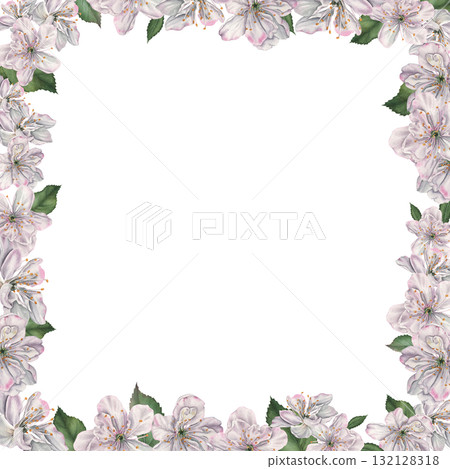 Square frame with white cherry flowers and green leaves with space for text. Hand drawn watercolor illustration of spring blooming elements on isolated background. Floral layout for Easter design Square frame with white cherry flowers and green leaves with space for text. Hand drawn watercolor illustration of spring blooming elements on isolated background. Floral layout for Easter design 132128318