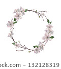 Round wreath created from delicate cherry blossoms, buds, leaves and twigs. Hand drawn watercolor illustration of snow-white petals on isolated background. Floral layout for tableware, wedding design 132128319
